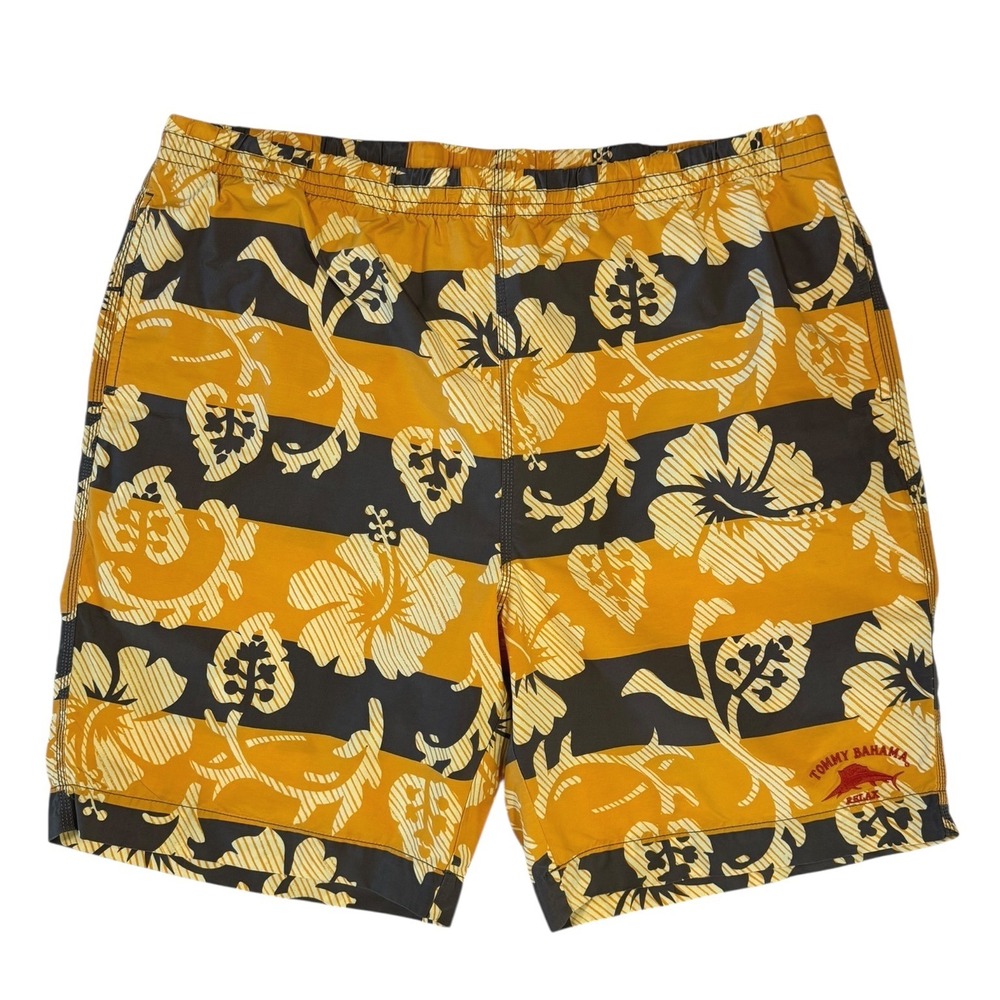 Tommy Bahama Relax Men's Size XXL Yellow Floral Striped Swim Trunks Mesh Lined